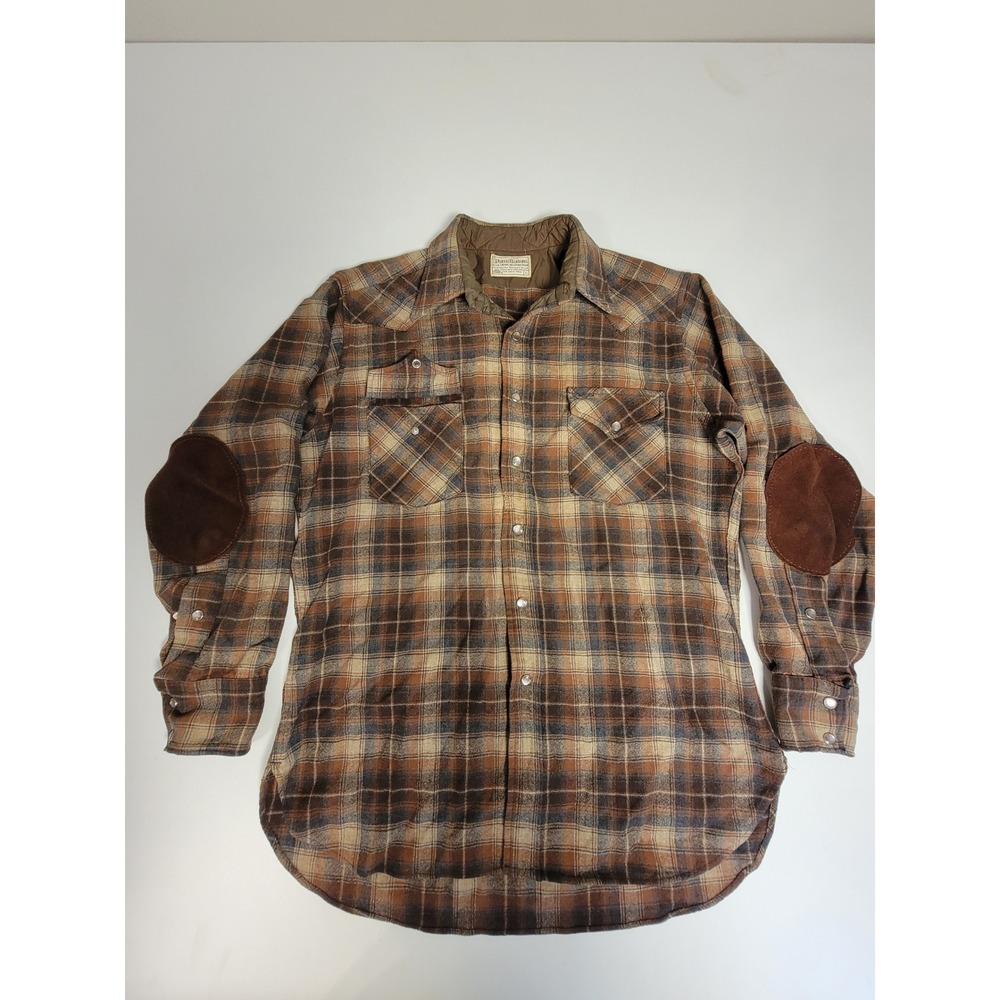 Vintage Pendleton Wool Western Flannel Shirt Brown Plaid Elbow Patches Large